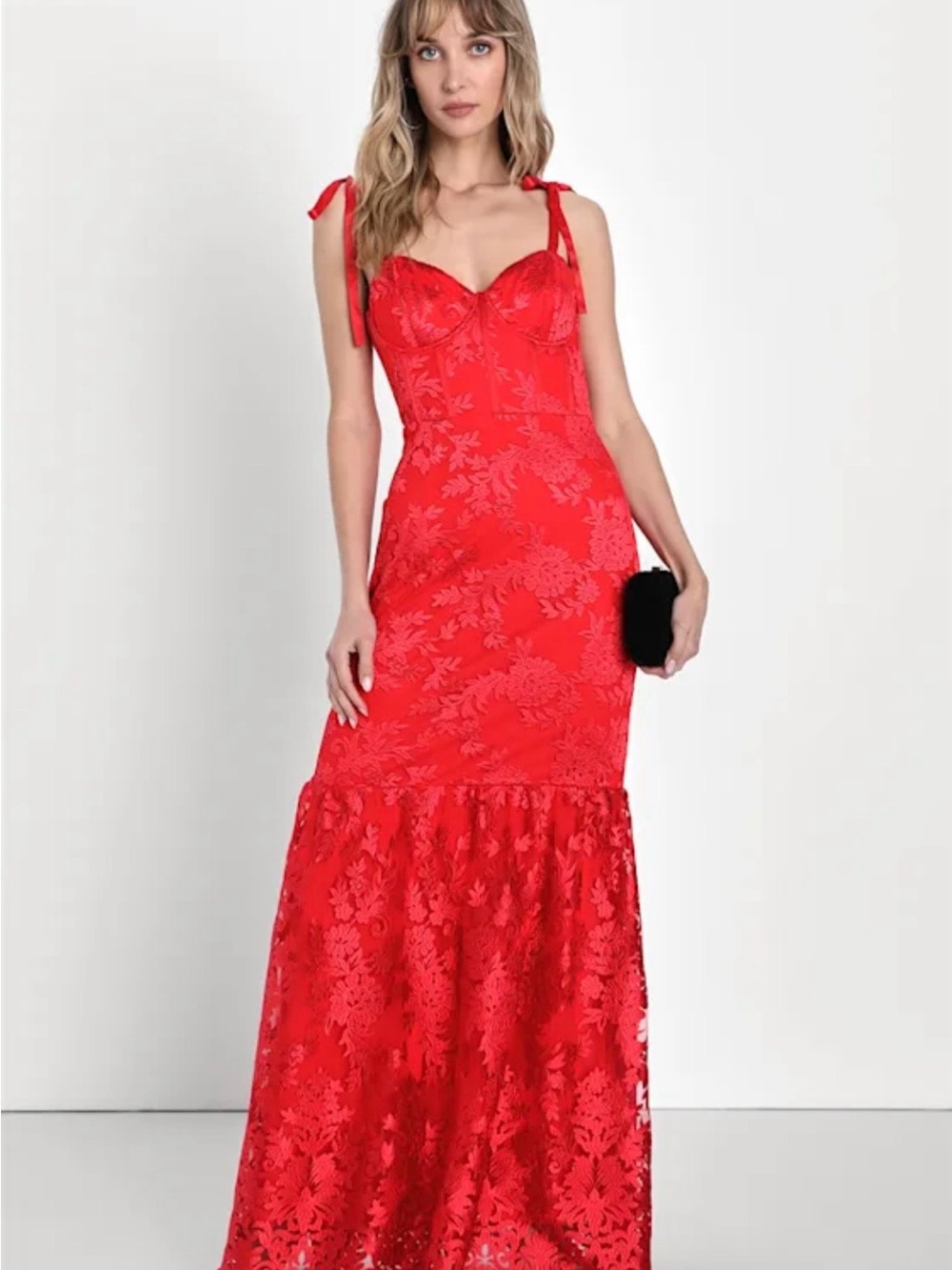 Lulu's Red Lace Tie-Shoulder Maxi Dress